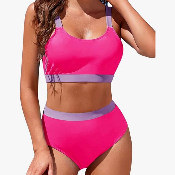 Bikini Set Two Piece High Waisted Scoop Neck Swimsuit Plus Size Pink Purple NEW - Picture 11 of 12
